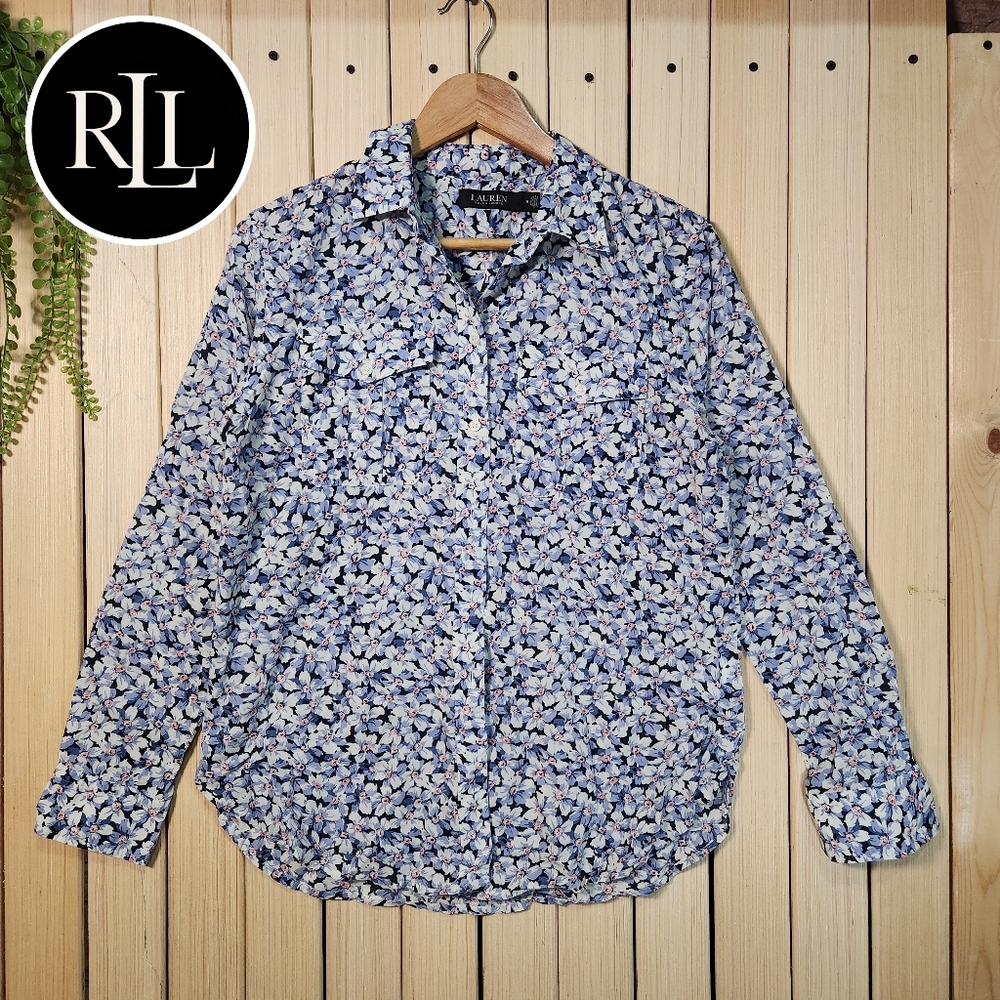 Ralph Lauren Black Tag, Womens Shirt, Blue and White Floral, Blouse Size M